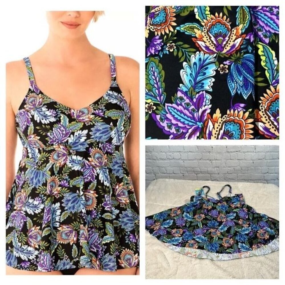 Swim Solutions Tankini Top Swimsuit size 8 Boho Paisley V Neck Underwire NEW
